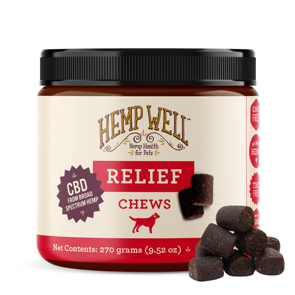 Hemp Well Relief CBD Soft Chews for Dogs with chews shown