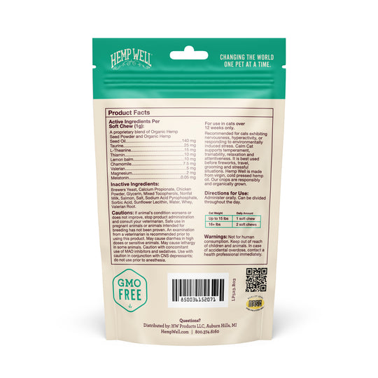 Hemp Well Calm Cat Soft Chews, natural anxiety relief treats for cats during storms, travel, or routine changes.
