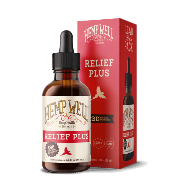 Bird Relief Plus organic hemp oil supplement with CBD for birds, used orally or topically to promote feather health.