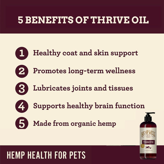 Thrive Oil for Dogs & Cats is made with organic, USA grown ingredients to support the health of your furry friends.
