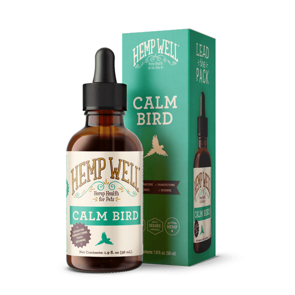 Calm Bird Oil 2-ounce bottle on a clean background, an organic calming supplement for sensitive and hormonal pet birds. Label highlights chamomile, melatonin, and lemon balm to ease stress and nervous behaviors in parrots, cockatiels, conures, and other companion birds.
