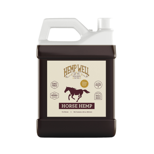 Hemp Well Horse Hemp Oil, 1-gallon liquid supplement designed to maintain equine strength, resilience, and comfort.